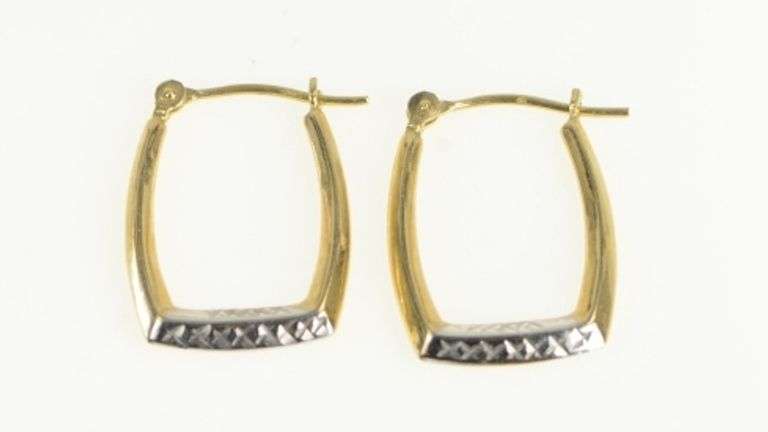 14K Yellow Gold Two Tone Squared Textured Fashion Hoop Earrings