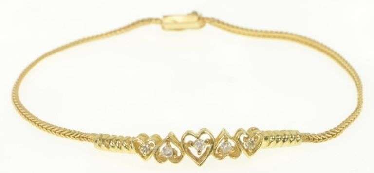 14K Yellow Gold Diamond Heart Link Vintage Love Symbol Bracelet