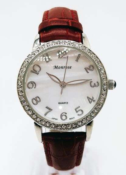 Beautiful Mother of Pearl & Gemstone Watch-Red Genuine Leather Band