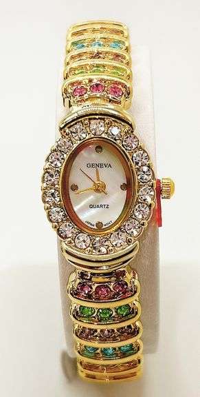 Ladies Geneva & Gemstone Watch, 18kt Yellow Gold Plated
