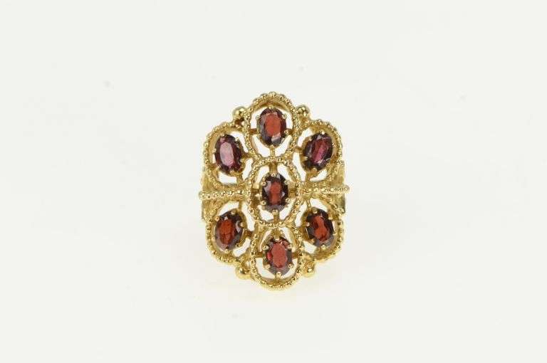 14K Yellow Gold Oval Garnet Filigree Statement Cocktail Ring