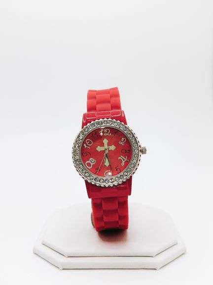 Fancy Pink Geneva Watch w/ Cross Graphic and Gemstones