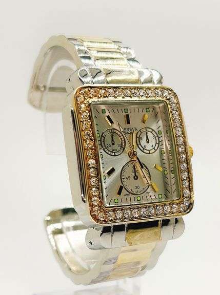 Fancy Square Face Geneva Cuff Watch with Gemstones!