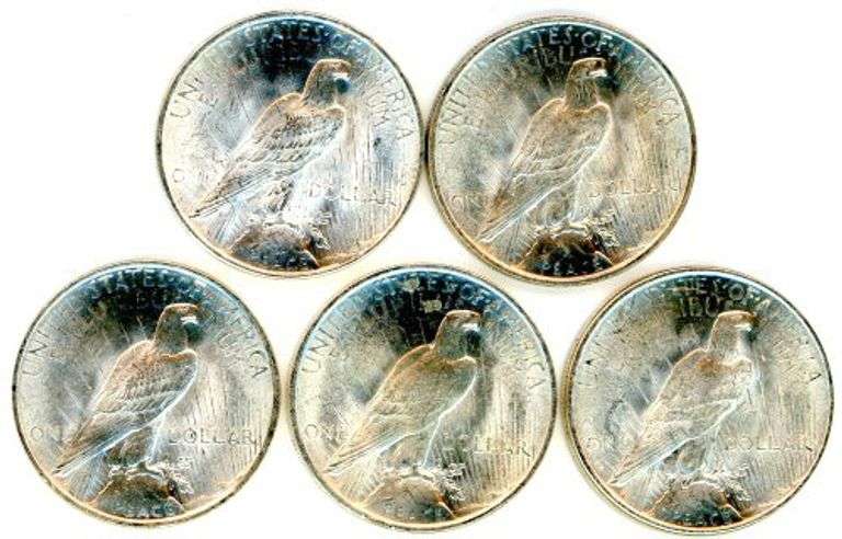 5 Peace Silver Dollars from 1922