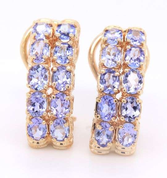 Handsome Yellow Gold Oval Tanzanite Two Row Huggie Earrings