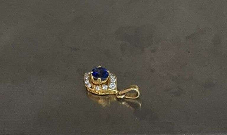 BEAUTIFUL 14KT SOLID YELLOW GOLD, BLUE SAPPHIRE, & DIAMOND PENDANT