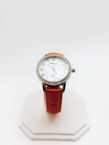 Beautiful Mother of Pearl & Gemstone Watch-Orange Genuine Leather Band