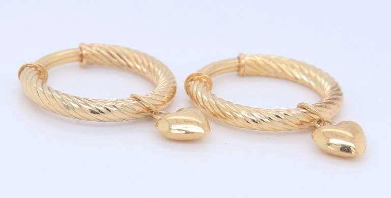 Yellow gold Hoop Earrings with Heart Shaped Charm