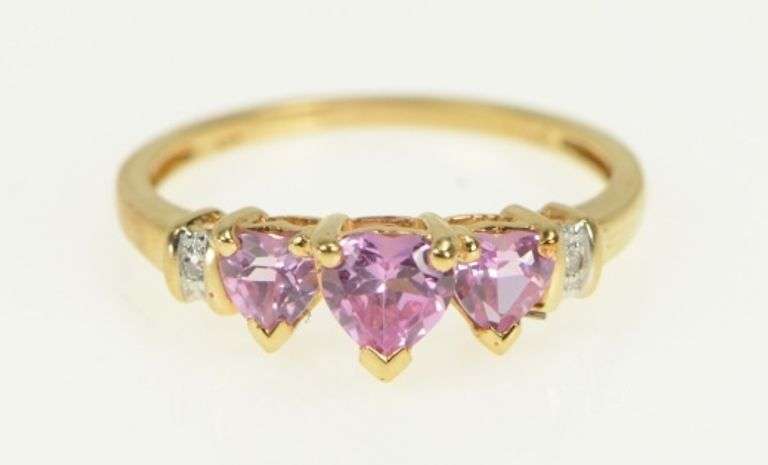 10K Yellow Gold Three Stone Pink Topaz Heart Diamond Accent Ring