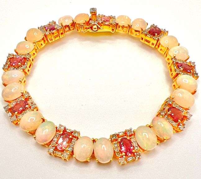 BEAUTIFUL PINK TOURMALINE, OPAL, & DIAMOND BRACELET- 30.0+CARATS!