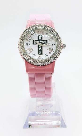Fancy Pink Geneva Watch w/ Cross Graphic and Gemstones