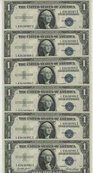 6 Consecutive 1935-E Superb Gem CU $1 Silver Certificates