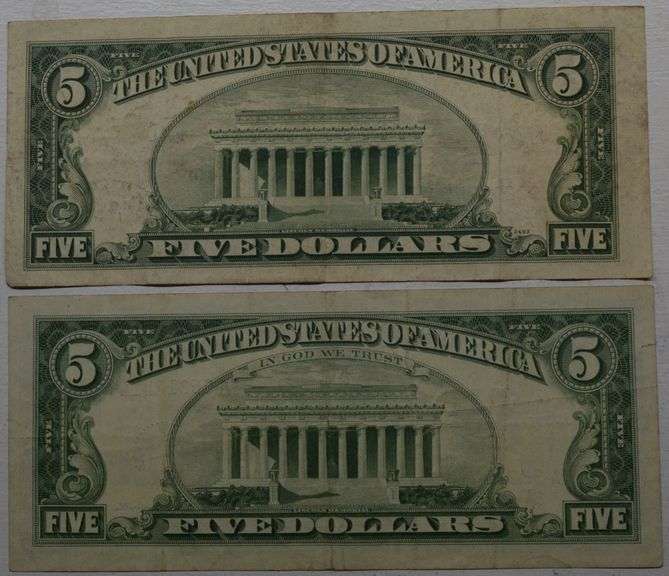 1953-A & 1963 Series $5 Five Dollars Red Seal Lincoln Bank Note US Bill (lot of 2)