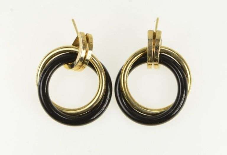 14K Yellow Gold Retro Black Onyx Door Knocker Ring Dangle Earrings