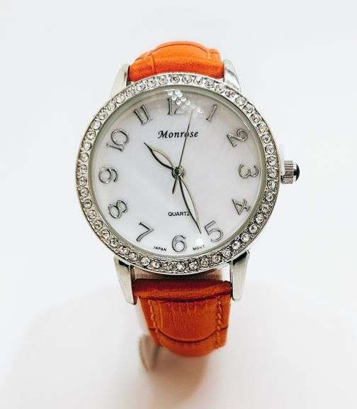 Beautiful Mother of Pearl & Gemstone Watch-Orange Genuine Leather Band