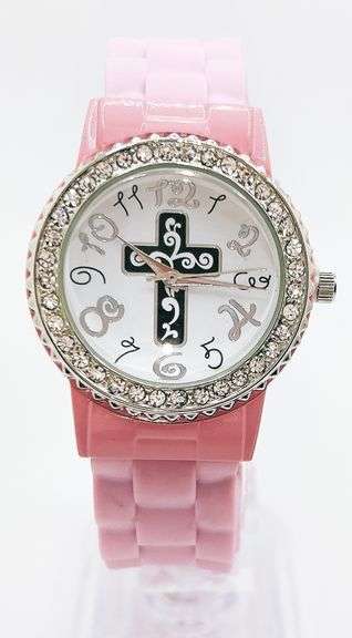 Fancy Pink Geneva Watch w/ Cross Graphic and Gemstones