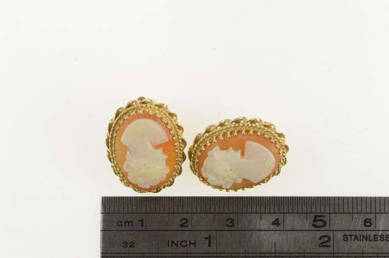 14K Yellow Gold Ornate Vintage Carved Shell Cameo Clip Back Earrings