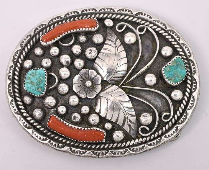 Coral and Turquoise Belt Buckle In Sterling Silver