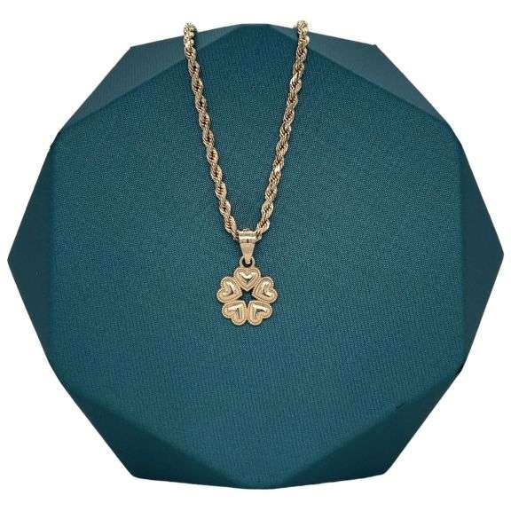14K YELLOW GOLD CLOVER FLOWER- HEART CHARM NECKLACE
