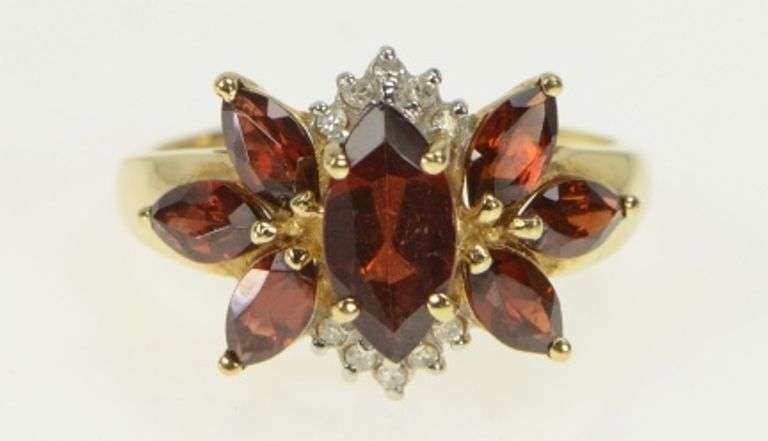 14K Yellow Gold Marquise Garnet Diamond Cluster Statement Ring