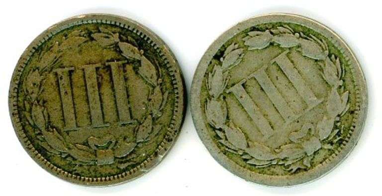 2 Three Cent Nickel Pieces: 1866 and 1870