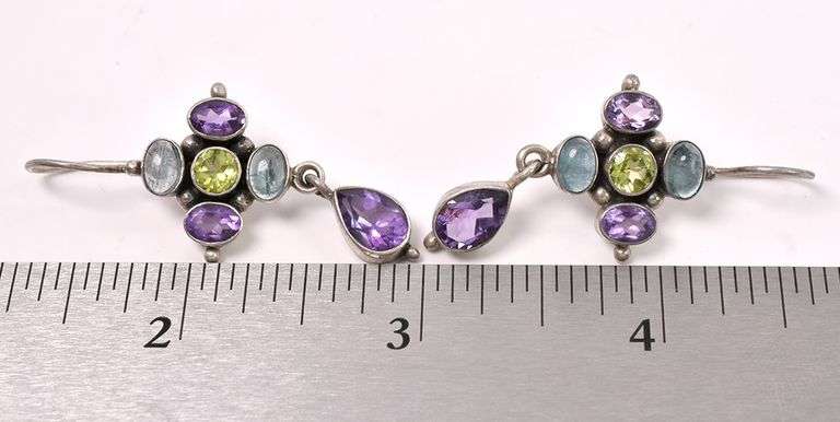 Multi-Gem Dangle Earrings In Sterling Silver