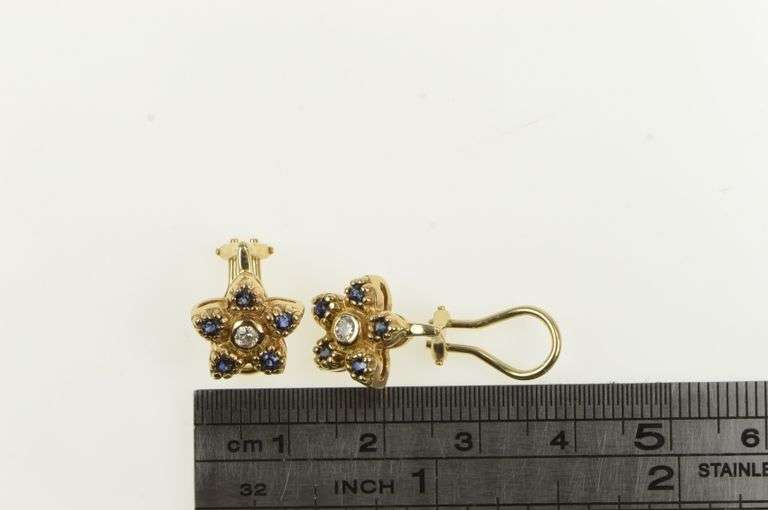 14K Yellow Gold Sapphire Flower Diamond Clip Back Ornate Earrings