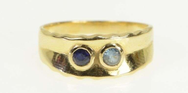 14K Yellow Gold Blue Topaz Sapphire Inset Vintage Statement Ring