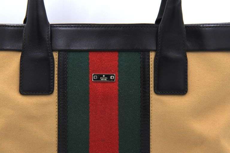 Gucci Canvas Sherry Leather Trimmed Web Tote
