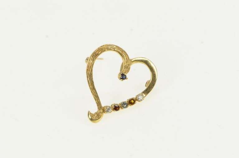 14K Yellow Gold 1960's Birthstone Heart Love Sapphire CZ Pin/Brooch