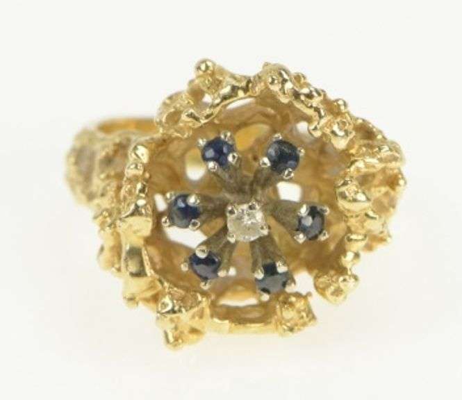 14K Yellow Gold Diamond Sapphire Textured Abstract Cluster Ring
