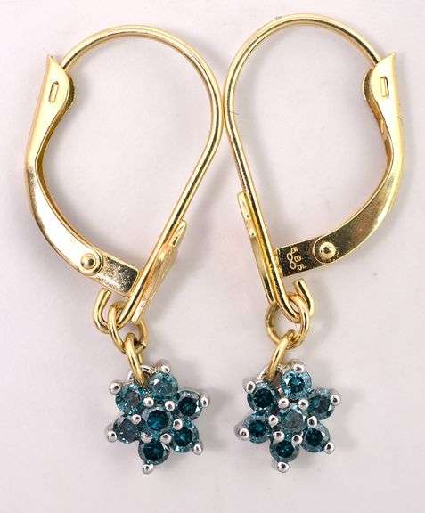 Cute Irradiated Blue Diamond Gemstone Flower Dangle Earrings In 14K Yellow Gold