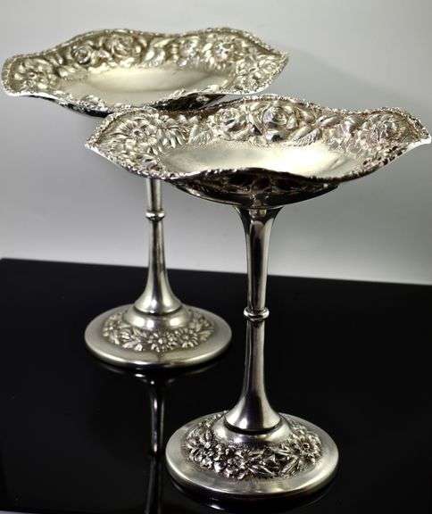 Stunning Pair of Stieff Hand-Chased Stemmed Candy Dishes