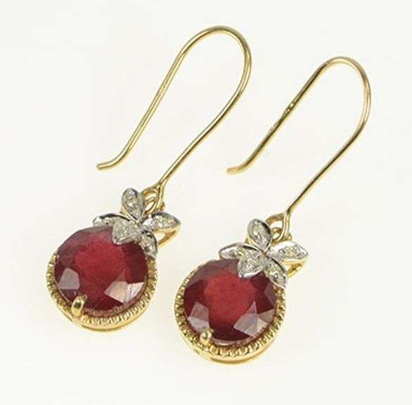 10K Yellow Gold Round Ruby Diamond Accent Ornate Floral Earrings