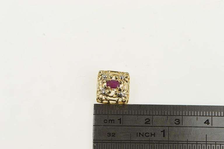 10K Yellow Gold Ruby Floral Filigree Slide Bracelet Charm/Pendant