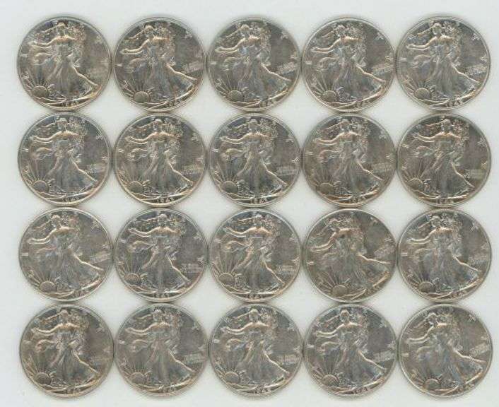 Flashy-white AU/BU roll of 20 mixed 'P' Mint Walking Liberty Halves