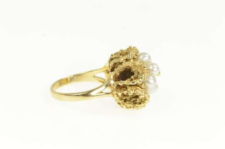 14K Yellow Gold 1960's Pearl Diamond Cluster Vintage Cocktail Ring