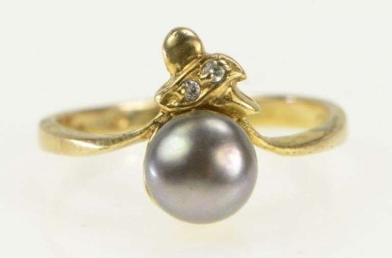 10K Yellow Gold Grey Pearl Diamond Vintage Bypass Ring