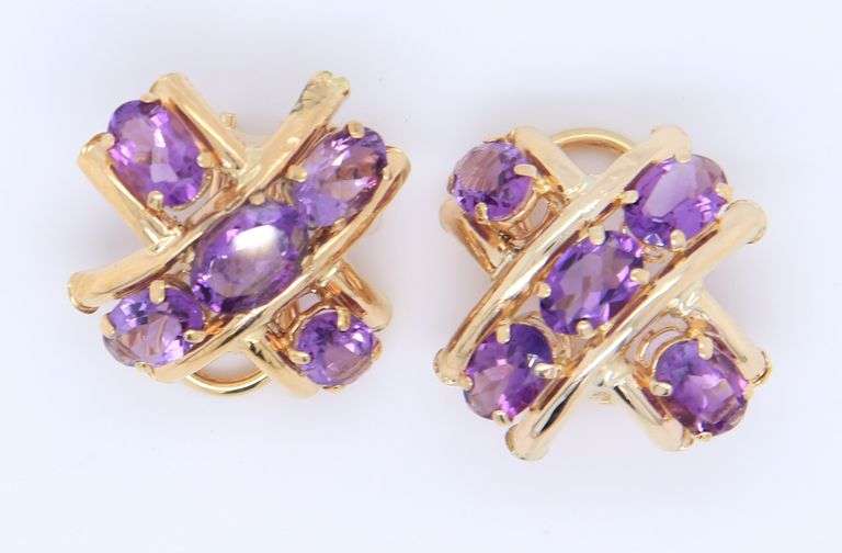 Fabulous Yellow Gold 5ctw Oval Amethyst X Earrings