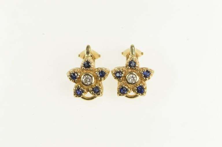 14K Yellow Gold Sapphire Flower Diamond Clip Back Ornate Earrings