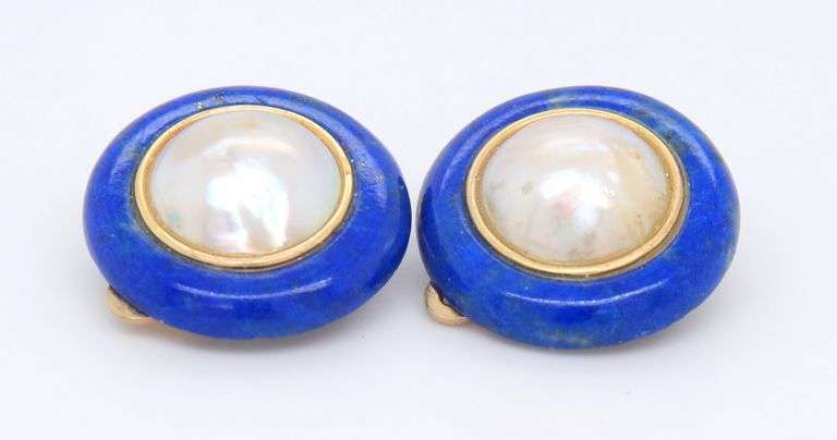 2 Pairs of Yellow Gold Lapis Earrings