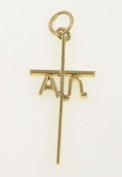 14K Yellow Gold Cross Alpha Omega Greek Letter Christian Charm/Pendant