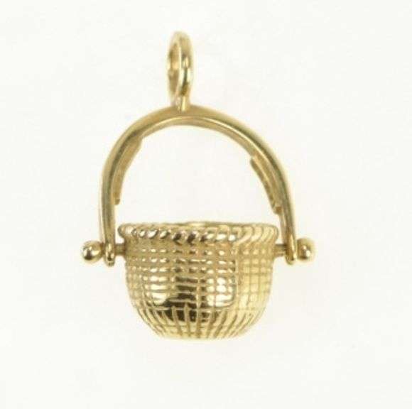 14K Yellow Gold Articulated Woven Basket Bucket Vintage Charm/Pendant