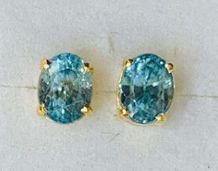 14KT SOLID YELLOW GOLD & BLUE ZIRCON STUD EARRINGS