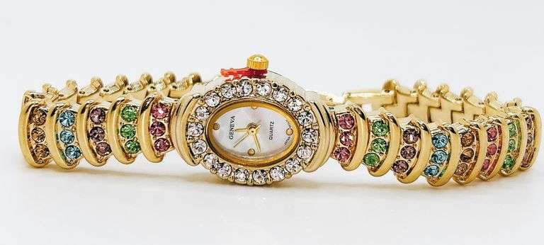 Ladies Geneva & Gemstone Watch, 18kt Yellow Gold Plated