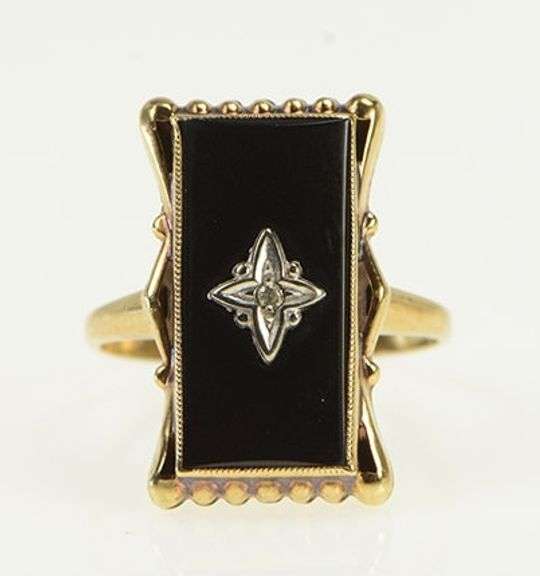 10K Yellow Gold Black Onyx Diamond Overlay Statement Ring