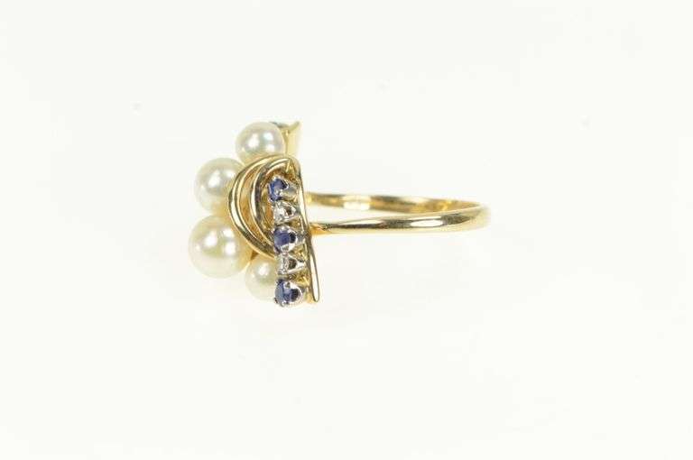 14K Yellow Gold Pearl Sapphire Diamond Vintage Cluster Bypass Ring