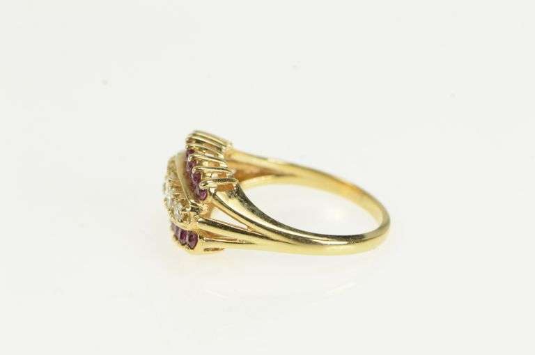 14K Yellow Gold Retro Diamond Ruby Ornate Wedding Band Ring