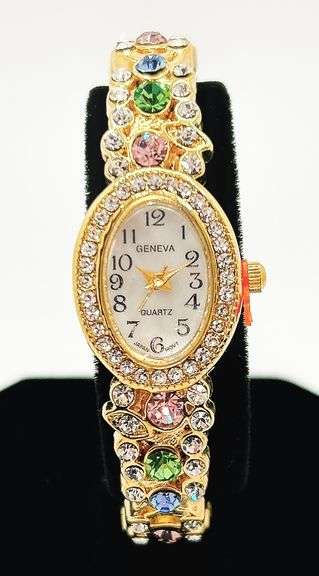 Ladies Geneva & Gemstone Watch, 18kt Yellow GP Cuff