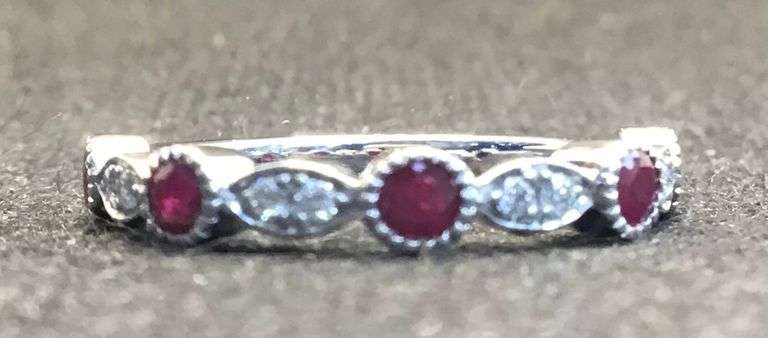 SPECTACULAR 14K WHITE GOLD RUBY AND DIAMOND HALF ETERNITY RING